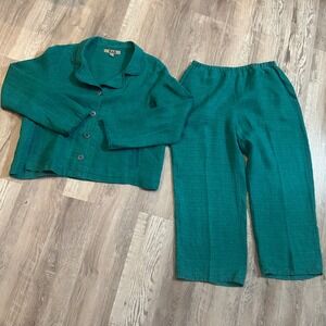 Flax Womens Emerald Green 100% Linen 2 Piece Jacket and Pants Set Size Small